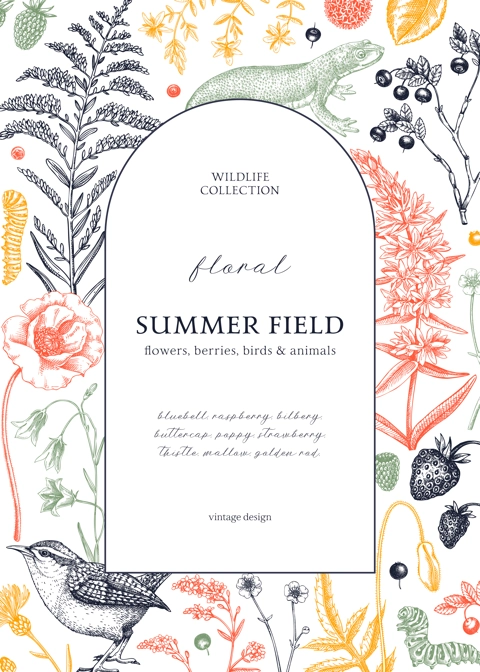 Floral frame design in color. Vintage summer background. Wildlife sketches. Wildflowers botanical illustration. Hand-drawn field flowers, birds, and animals for wedding invitation, card, decoration.